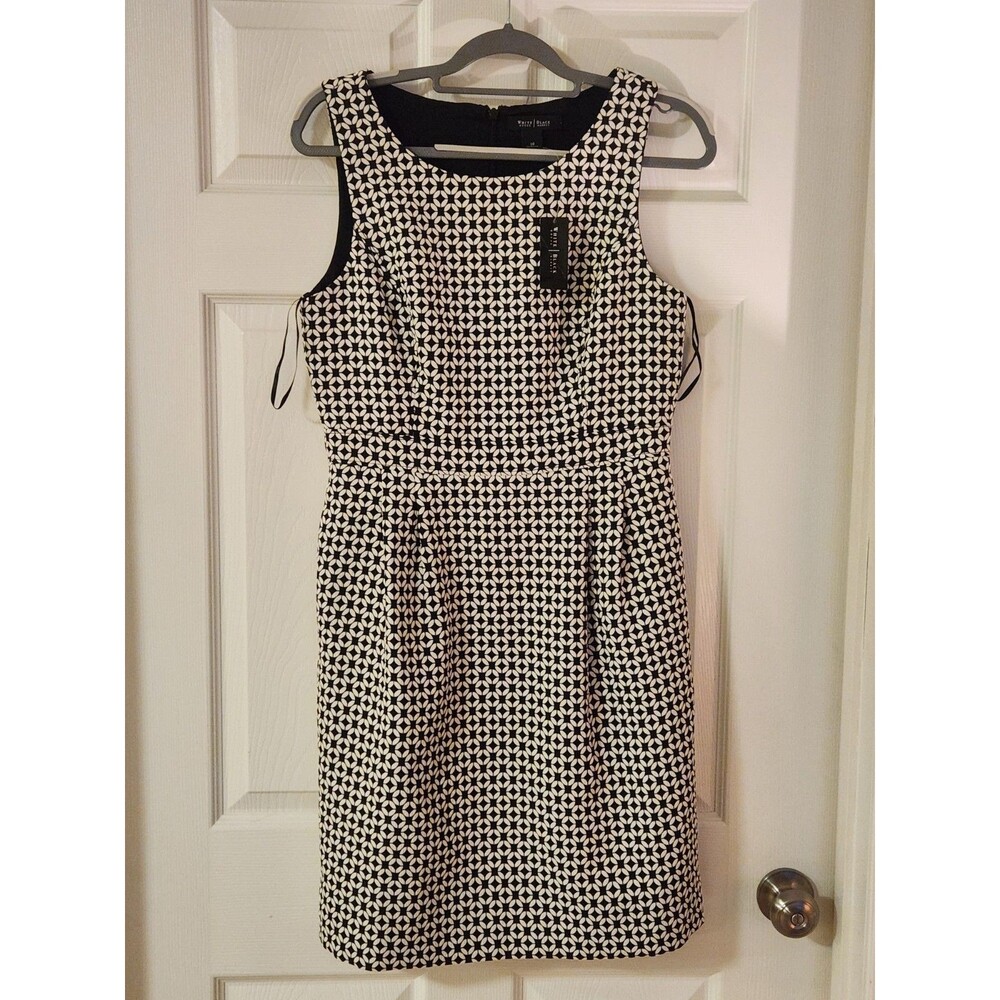 WHBM NWT Sz 10 black white preppy circle geometric office classic midi dress